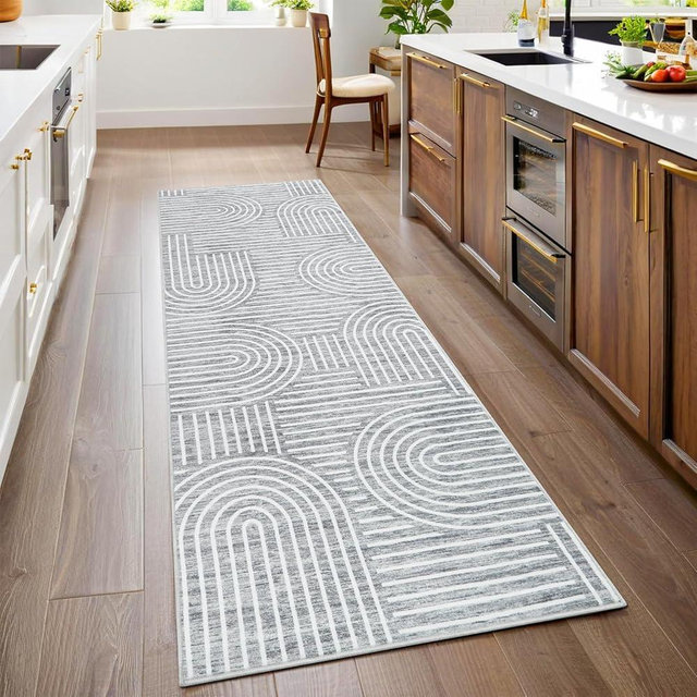 ROYHOME Modern Rug 2.5x10 Runners for Hallways, Abstract Kitchen Runner Rugs Non Slip Bath Mat, Rainbow Washable Runner Rug for Bedroom, Soft Long Rugs for Entryway Bathroom Laundry Dorm, Ash