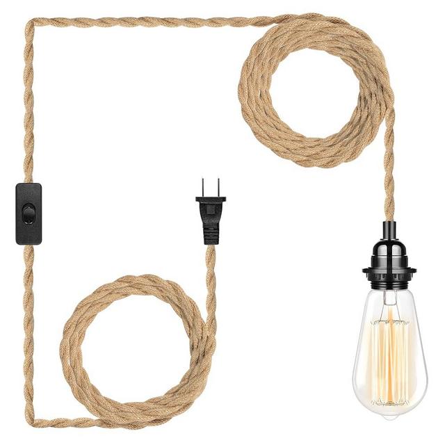 Plug in Hanging Light Fixture, 15FT Pendant Lamp Lights Cord with Switch Cord E26 Bulbs Socket, Industrial DIY Twisted Hemp Rope Overhead Lamps for Farmhouse Bedroom Home Lighting Decors