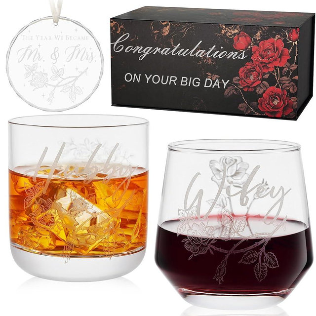 Ackers BORO3.3 Laser engraving Wedding Gifts for Couples – His and Hers Whiskey & Wine Glasses with Glass Ornament | Perfect Bridal Shower, Engagement Gifts for Hubby and Wifey