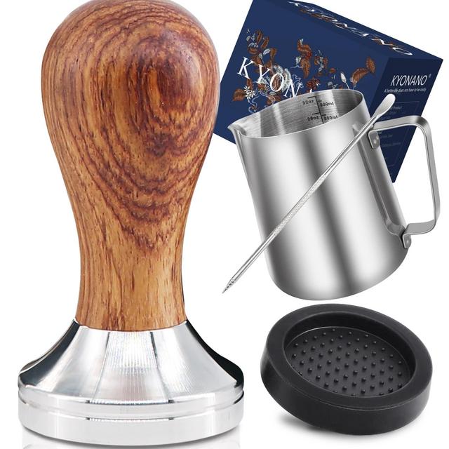 KYONANO Espresso Tamper 51mm - Tamper with Dalbergia Odorifera Handle -Coffee Tamper Espresso Press plus Free Milk Frothing Pitcher 350ml, Silicone Tamper Mat -Tamper fits 51mm Delonghi Portafilter