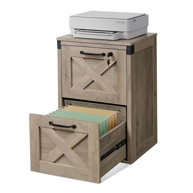 DEVAISE 2 Drawer File Cabinet with Lock, Wood Farmhouse Filing Cabinet for Home Office, Printer Stand Fits Letter and A4 Size, Gray Oak