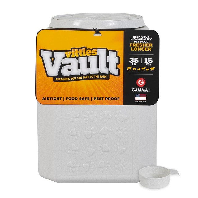 Vittles Vault Traditional Pet Food Storage Container For Dog Kibbles/Bird Seed/Oatmeal/Rice/Flour/Cereal, BPA Free Plastic, Sealed Airtight For Cat Food, Up To 35 lb, Made in USA, With Scoop, Gray