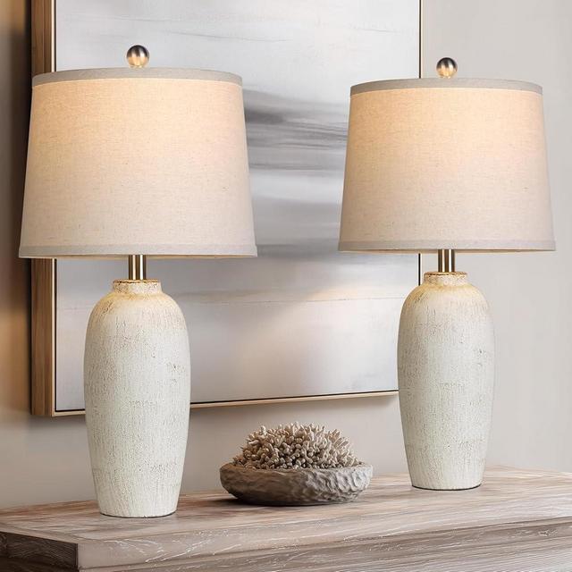 MOUVOVO Jar Table Lamps Set of 2, 25" Ceramic Bedside Lamps for Bedroom, Beige Farmhouse Nightstand Lamps for Living Room