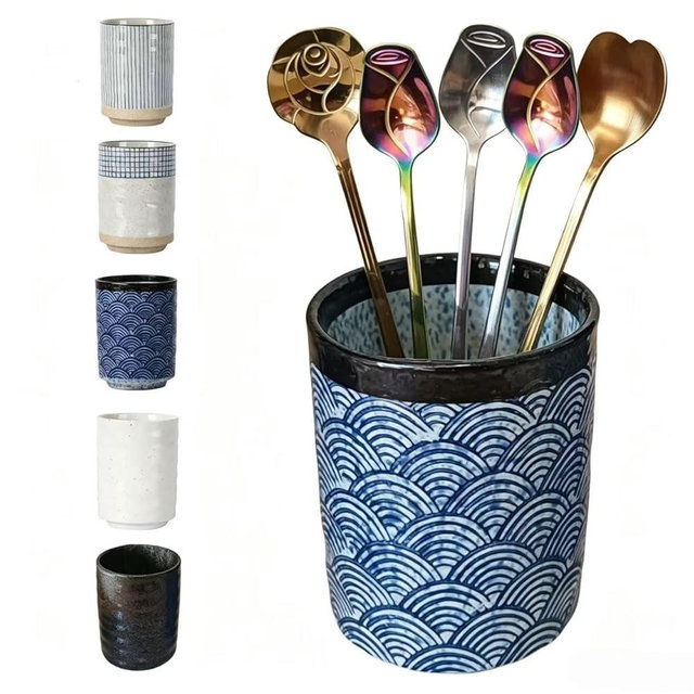 TOPYOKK Stoneware Coffee Bar Utensil Holder Tea & Coffee Spoon & Stirrer Holder for Stir Stick Straw Teaspoon Holder Spoon Cup Small Utensil Jar (Blue Wave)