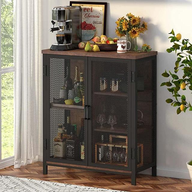 BON AUGURE Rustic Coffee Bar Cabinet for Liquor, Farmhouse Wood Metal Accent Cabinet with Storage, Industrial Small Buffet Sideboard for Kitchen and Dining Room (Rustic Oak)