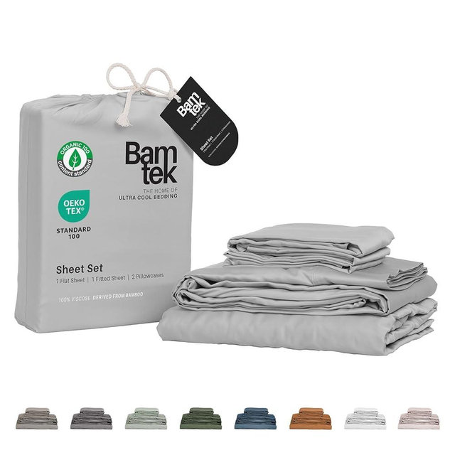 Bamtek 100% Viscose from Bamboo Sheets Queen Size, Super Soft Bedding Set, 4PC Cooling Sheets for Hot Sleepers, Vegan Silk Moisture Wicking, Organically Grown Bedsheet, Grey Mist (60x80x18 Inch)