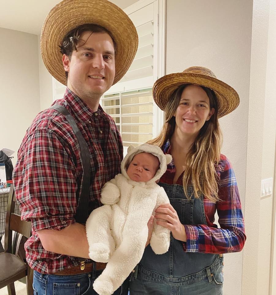 Our first Halloween with baby McCoy - farmers and their baby lamb.