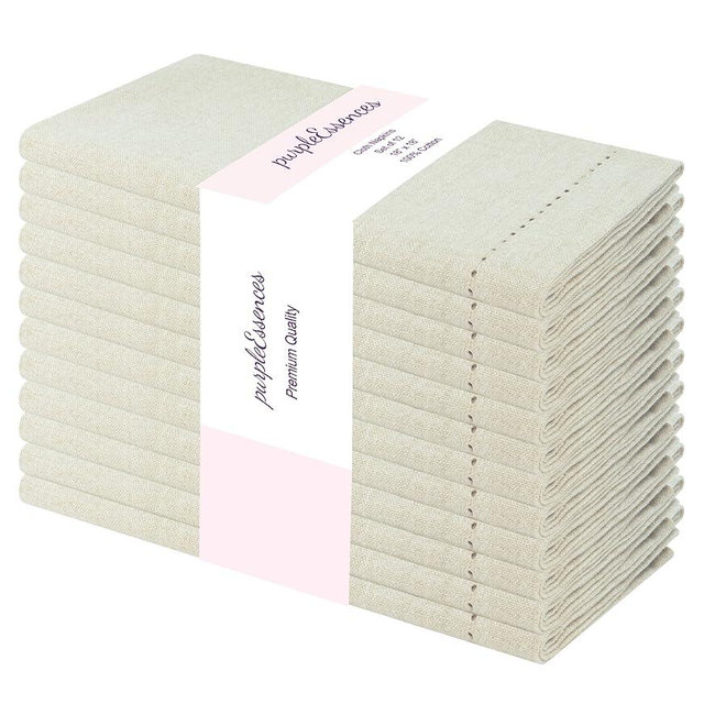 PurpleEssences Set of 12 Hemstitch Cloth Dinner Napkins 100% Cotton - Soft Durable Washable - Ideal for Wedding Spring Summer - Perfect Everyday Use Table Linen 18x18 - Royal Linen