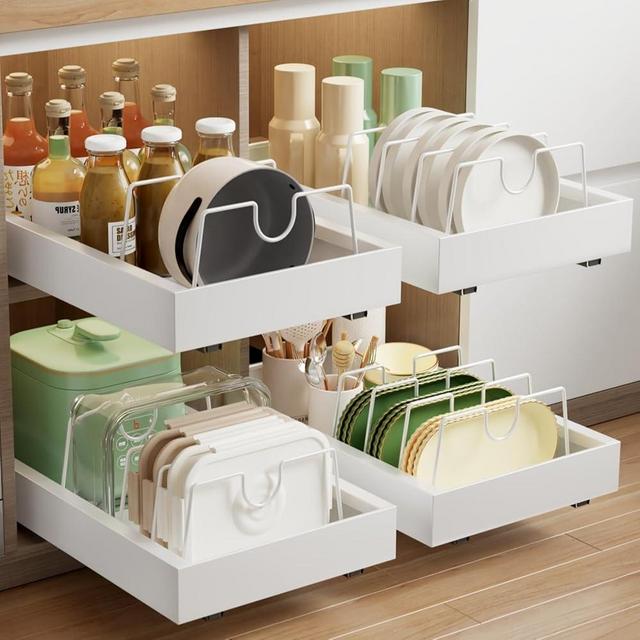 MUSTORN 2 Pack Pull Out Cabinet Organizer with 8 Dividers,21.8" Deep Slide Out Drawers for Cabinets Adhesive Pull Out Drawers Heavy Duty Pull Out Shelves for Kitchen, Cupboard, Pantry, Bathroom-White