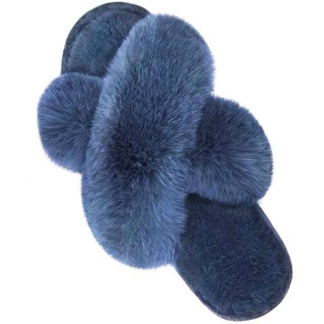 Women's Cross Band Slippers Fuzzy Soft House Slippers Plush Furry Warm Cozy Open Toe Fluffy Home Shoes Comfy Indoor Outdoor Slip On Breathable