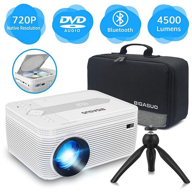 BIGASUO [2020 Upgrade] Bluetooth Full HD Projector Built in DVD Player, Portable Mini Projector 4500 Lumens Compatible with iPhone/iPad/TV/HDMI/VGA/AV/USB/TF SD Card, 720P Native 1080P Supported