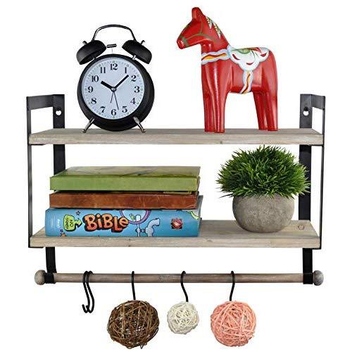 Spiretro Wall Mount 2 Tier Floating Shelves with Metal Bracket, Rustic Torched Wood with Removable Towel Rod and S Hooks to Storage Organize Hang and Display for Kitchen Book Study Bathroom- Grey