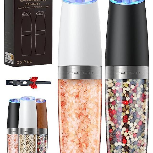 [Large Capacity] FORLIM Gravity Electric Salt and Pepper Grinder Set, Battery Powered One Hand Automatic Operation, Adjustable Coarseness, LED Light - 2 Pack