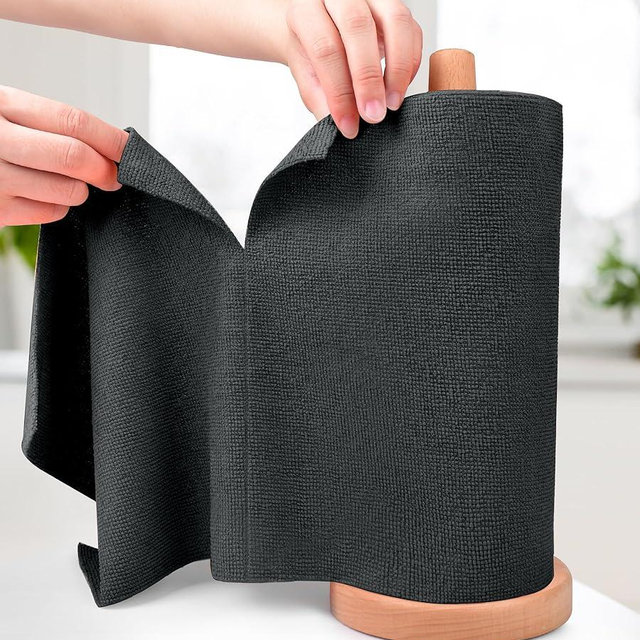 KitchLife Microfiber Cleaning Cloth Roll - Tear-Away Reusable Microfiber Paper Towels, Lint-Free, Washable, 20 Sheets for Kitchen, Car, Dishes, and Sensitive Surfaces (Black)