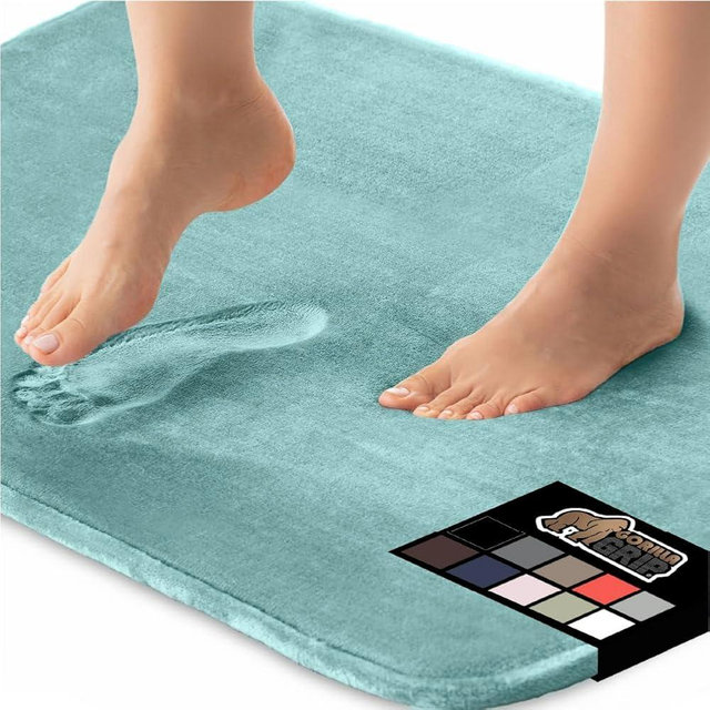 GORILLA GRIP Memory Foam Bath Rugs, Soft Absorbent Velvet Bathroom Mats, Durable Dots on Underside, Machine Washable Bathmat, Carpet Rug Room Decor for Shower Floor, 24x17 Mat, Seablue