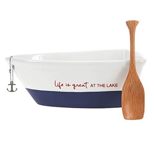 Pavilion Gift Company 67541 12 Oz Stoneware Boat Dish Server With Wooden Oar Scoop Life Is At The Lake, Blue