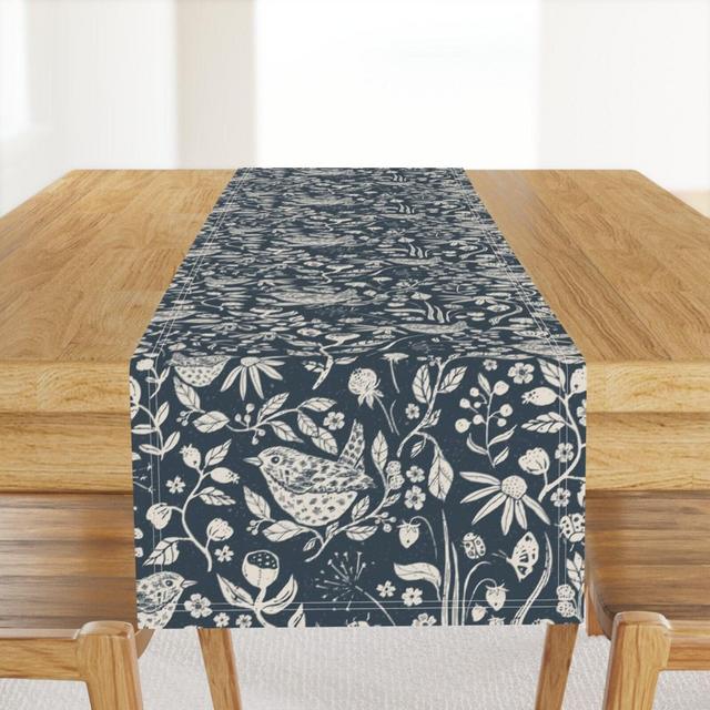 Woodland Botanical Table Runner - Block Print Wren by wild&bloomdesigns - Cottagecore Floral Wren Cotton Sateen Table Runner by Spoonflower