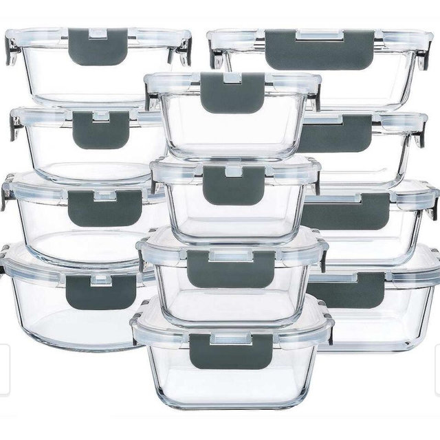 24-Piece Glass Food Storage Containers with Upgraded Snap Locking Lids,Glass Meal Prep Containers Set - Silver