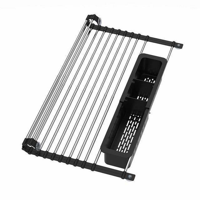 Yofidra Expandable Roll-Up Dish Drying Rack (Up to 21.46") with Expandable Storage Basket, Over-The-Sink Dish Drainer Drying Rack, Foldable Stainless Steel Kitchen Drainer - Black