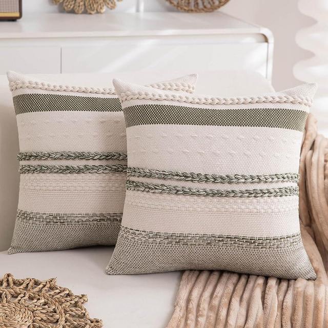 Hompooll Decorative Boho Throw Pillow Covers, Neutral 18x18 Couch Pillow Cover Set of 2 Coastal Farmhouse Textured Stripe Pillow Covers for Bedroom Living Room Sofa, Sage Green Home Decor Pillowcases