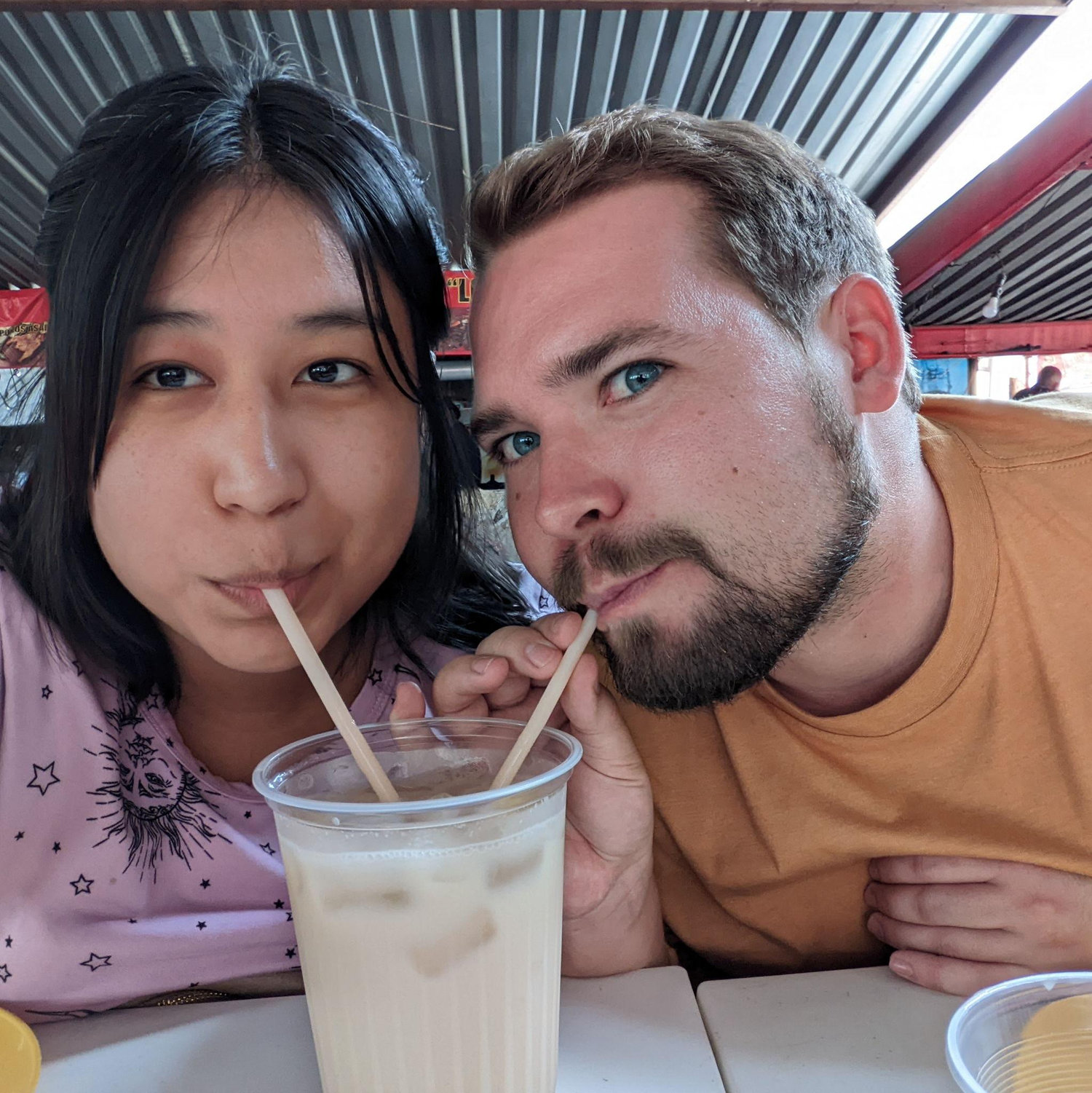 Sharing an agua de horchata in Mexico