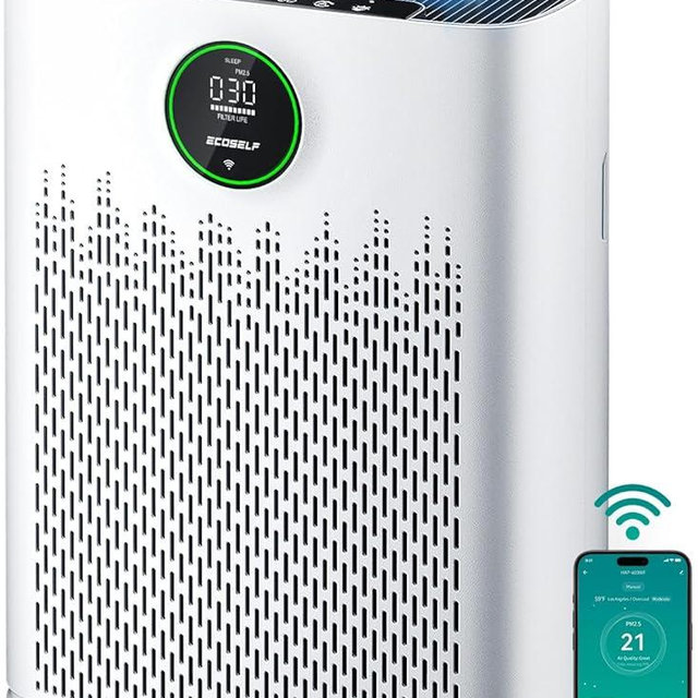 ECOSELF Smart Air Purifier for Home Large Rooms, with WiFi Control, Covers Up to 2400 Ft², Smart Mode, AQI Display, 22dB Sleep Mode & Aromatherapy with 2X-Power Filtration, HAP603WF, Bright White