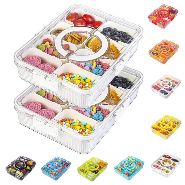 Patent Design Ribbed Snackle Box Container Snack Container Divided Serving Tray with Lid and Handle, 8 Divider Portable Snacklebox for Travel Beach for Charcuterie Veggie Fruit 2 Pack
