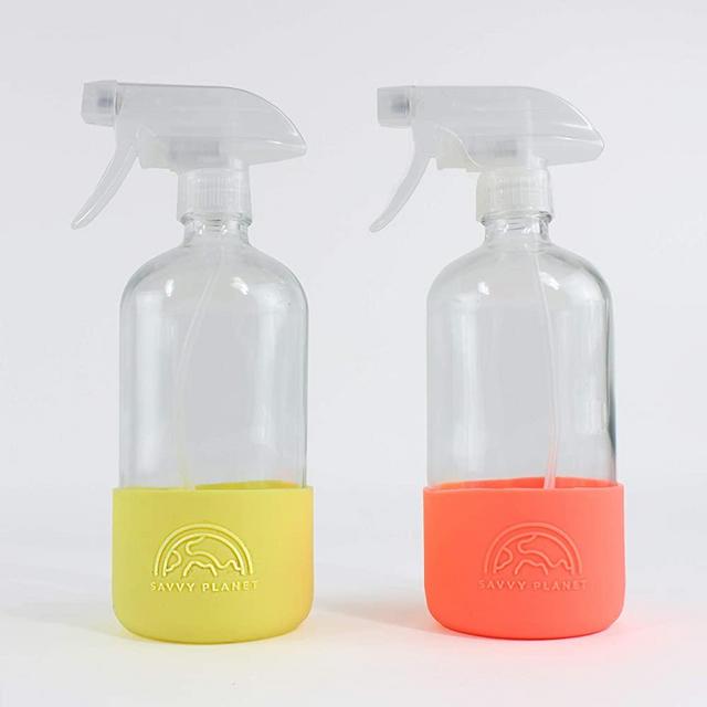 SAVVY PLANET Empty Clear Glass Spray Bottles with Silicone Sleeve Protection - Refillable 16 oz Containers for Cleaning Products, Essential Oils, Misting Plants - Quality Sprayer - 2 Pack