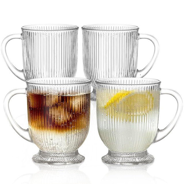 KEMORELA 4-Pack Ribbed Glass Coffee Mugs with Handle, Clear Large Coffee Mug 16 Oz With Handles for Hot Beverages, Durable Tea & Espresso Cups, Stylish Drinkware Set