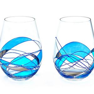 Antoni Barcelona - ANTONI BARCELONA Stemless Wine Glass Luxury Blue Line - SET 2 - Unique Hand Painted Gifts for Women, Men, Wedding, Anniversary, Couples, Hand Painted With Silver Metal and Blue Paint