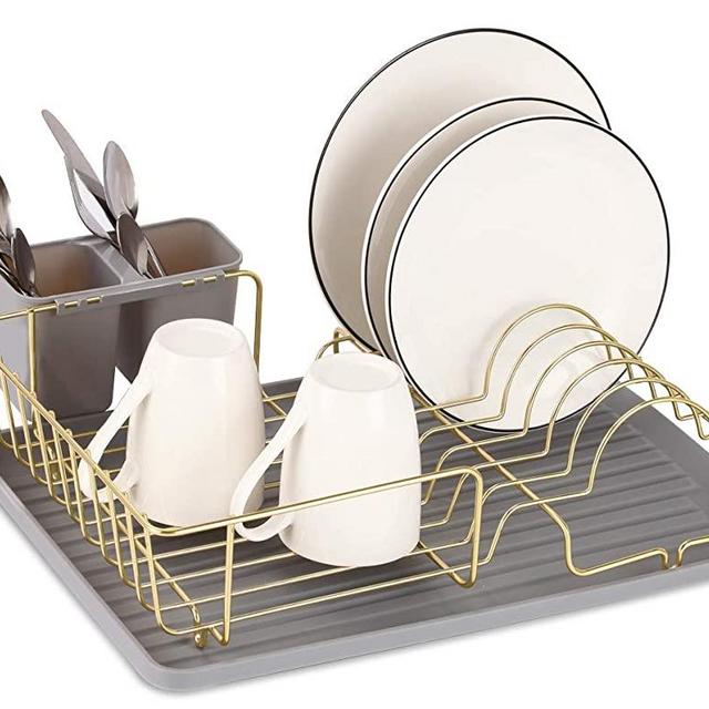 Buruis Dish Drying Rack, Gold Dish Drainer Organizer Includes Removable Drain Board and Utensil Holder, Large Capacity Dish Racks for Kitchen, Gray Drain Board