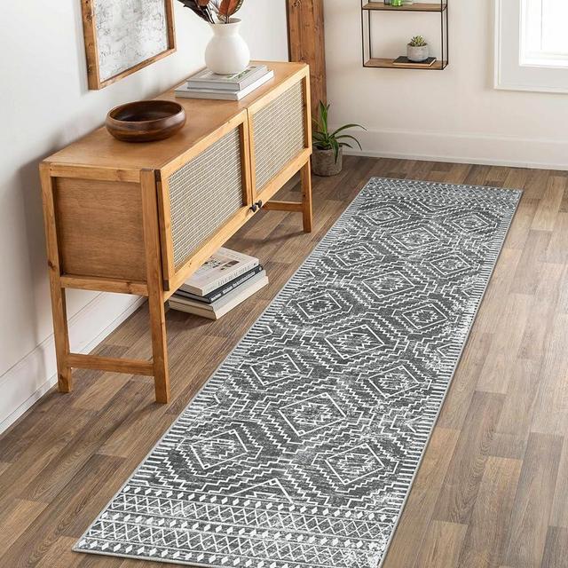 Wonnitar Moroccan Washable Kitchen Runner Rug 2'6"x8',Non-Slip Dark Grey Boho Rug Runners for Hallways,Non-Shedding Ultra-Thin Farmhouse Floor Carpet Soft Runner for Bathroom Hall Entyway