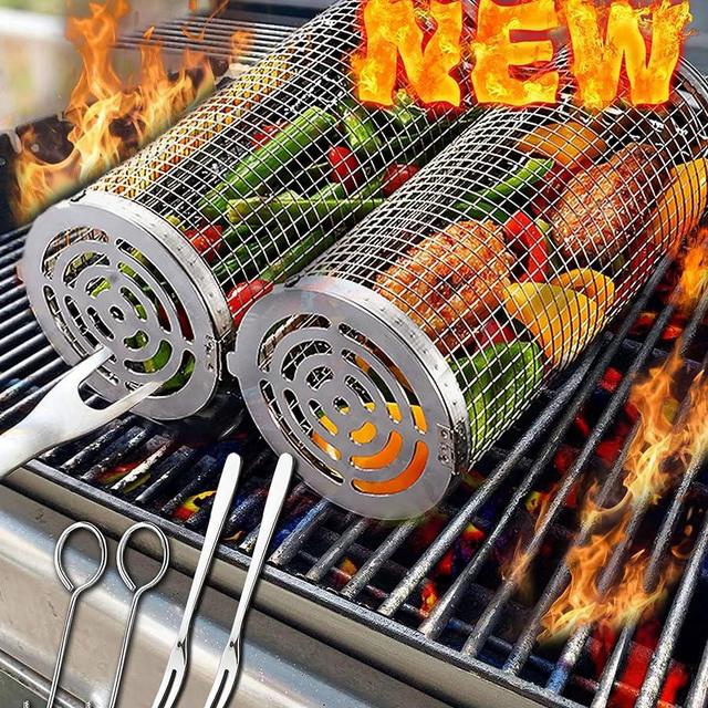 Rolling Grilling Baskets for Outdoor Grill Bbq Net Tube Must Have Large Round Mesh Barbecue Cylinder Cage Essentials Gadgets Cooking Accessories for Picnic Veggies Vegetable Fish Meat, Gift for Men
