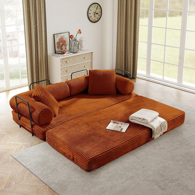Modular Couch Bed, Convertible Folding Plush Corduroy Comfy Floor Memory Foam Compression Loveseat Sleeper Sofa Couch, King Size Bed for Guest Room Living Room Bedroom, No Assembly Required, Orange