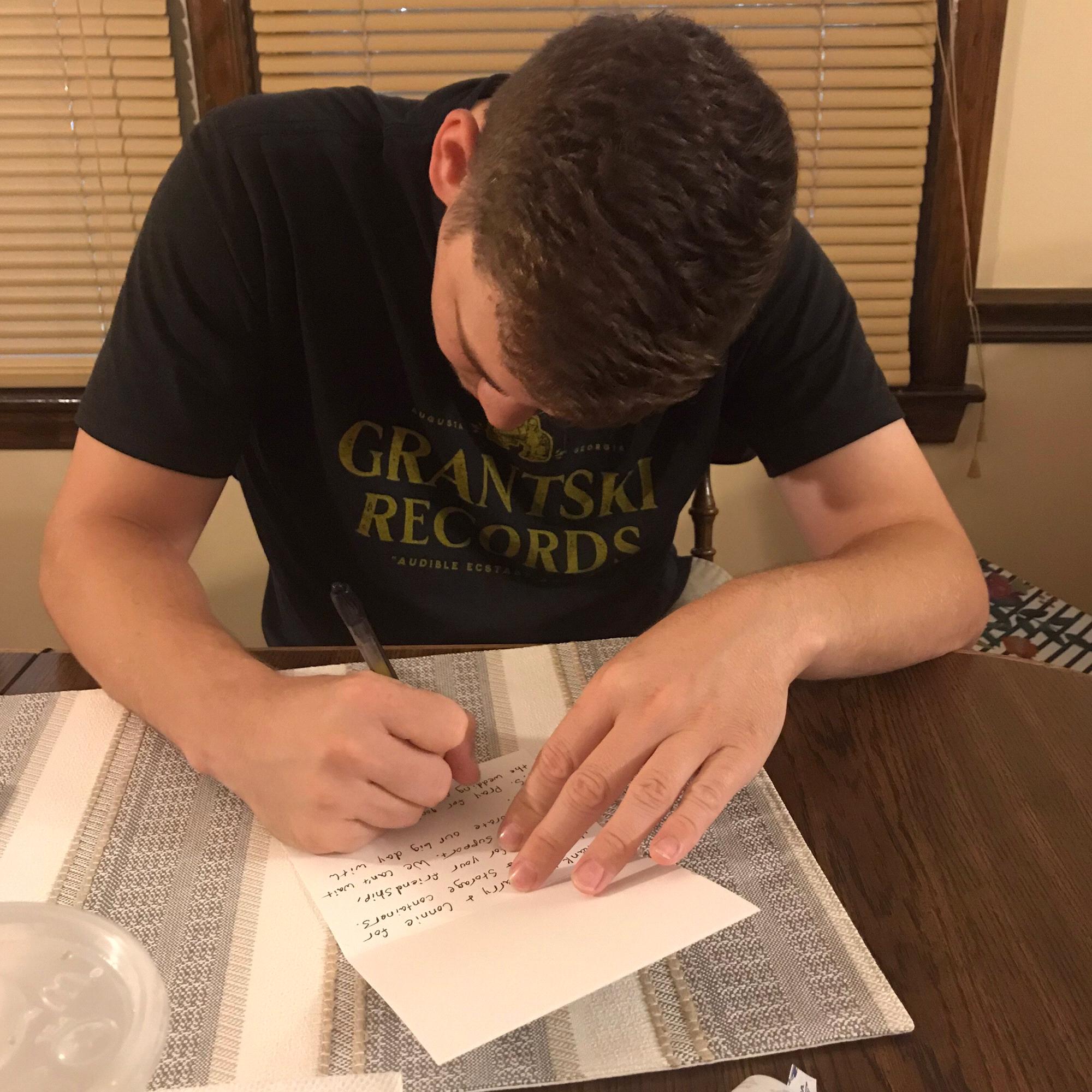 Writing thank you cards. October 18, 2020.