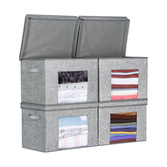 Univivi Collapsible Storage Boxes with Lids, Decorative Storage Bins [4-Pack] Foldable Storage Cubes Organizer Containers Organization Baskets for Home, Bedroom, Closet (Grey, 17“ x 12” x 12")