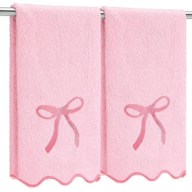 Fanfanwin 2 Pcs Scalloped Hand Towels for Bathroom 26 X13 Embroidery Coquette Bow Hand Towels 100% Cotton Soft Absorbent Boho Bath Decor for Kitchen Bathroom
