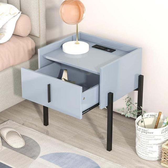 OBBGGNT Bedside Table with Charging Station, Blue Nightstand with Drawer and Fenced Tabletop, Small Storage End Side Table with USB Ports and Metal Legs, Wood Night Table for Bedroom, Living Room