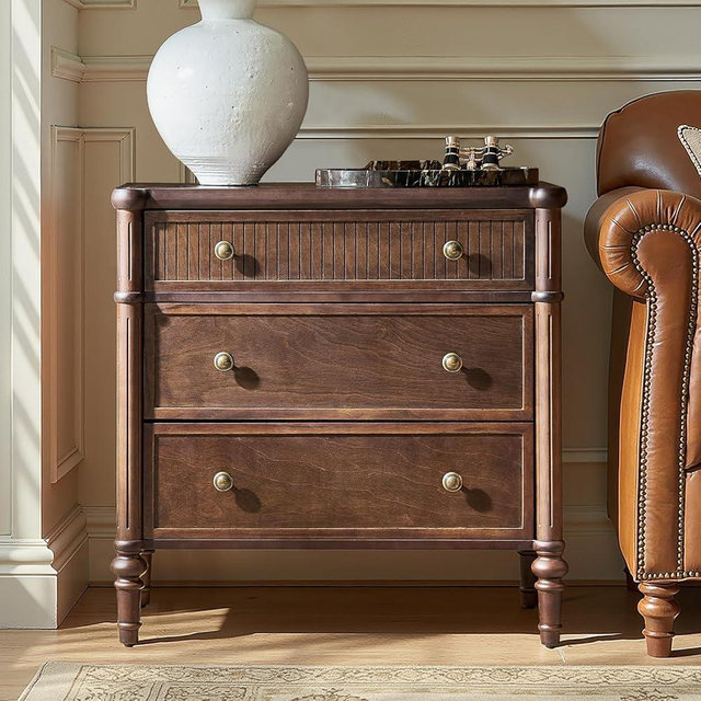 HULALA HOME Traditional End Table with Charging Station, Fluted End Tables with Wood Drawers and Solid Wood Spindle Legs, 28 Inch Wide Storage, Walnut