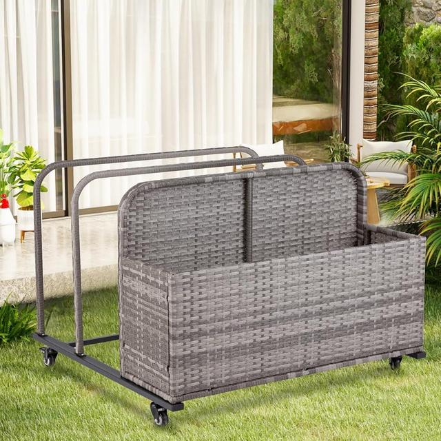 LUCKWIND Poolside Float Storage Organizer, Outdoor Rattan Caddy with Wheels & Basket Organizer for Patio, Garden-Sturdy & Movable (Light Grey)