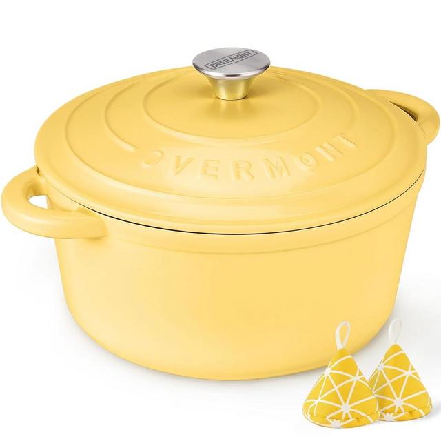 Overmont Enameled Cast Iron Dutch Oven - 5.5QT Pot with Lid Cookbook & Cotton Potholders - Heavy-Duty Cookware for Braising, Stews, Roasting, Bread Baking Goose Yellow