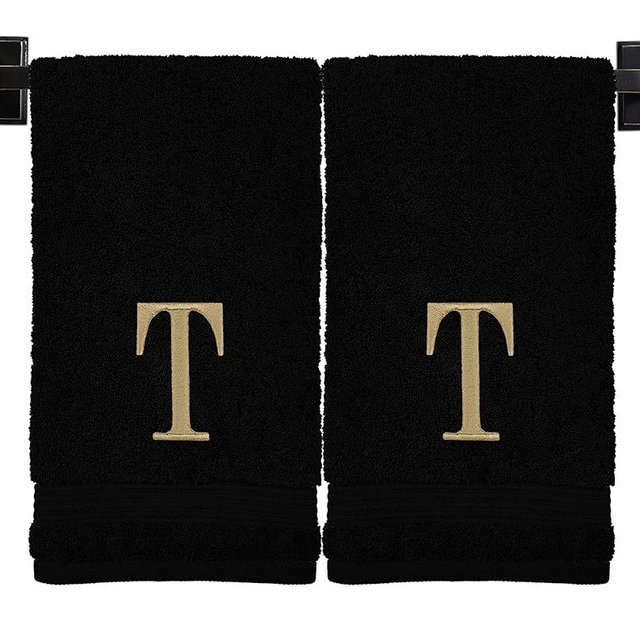 Custom Luxury Towels Black Hand Towels for Bathroom with Monogram | Luxury Cotton Turkish Towels | Embroidered in USA | Set of 2 | Choose Set Color and Monogram Color | A - Z | Modern Font