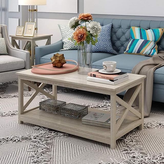 Farmhouse Modern Wood Coffee Table with 2-Tier Shelf Storage, Accent Furniture for Living Room (White Oak)