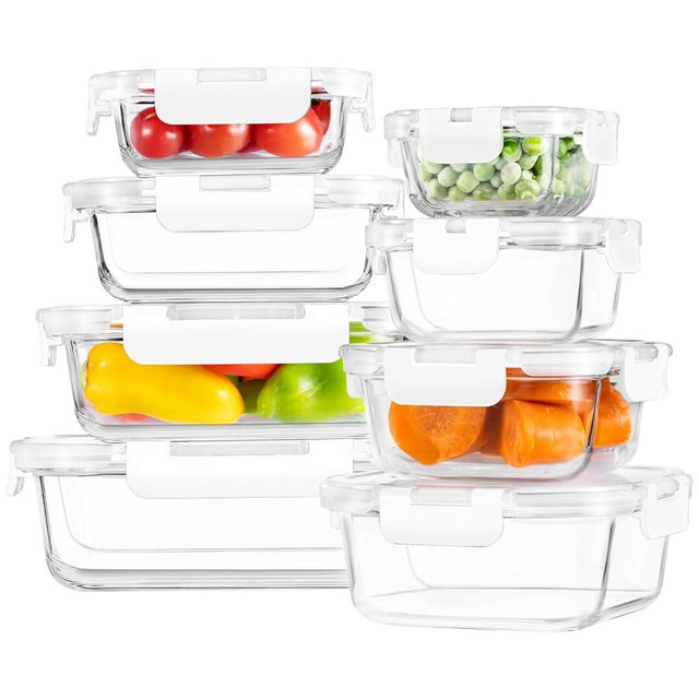 HOMBERKING 8 Pack Glass Food Storage Containers with Lids, Meal Prep Containers, Airtight Bento Boxes with Leak Proof Locking for Microwave, Oven, Freezer and Dishwasher, BPA Free, 5-35oz, white