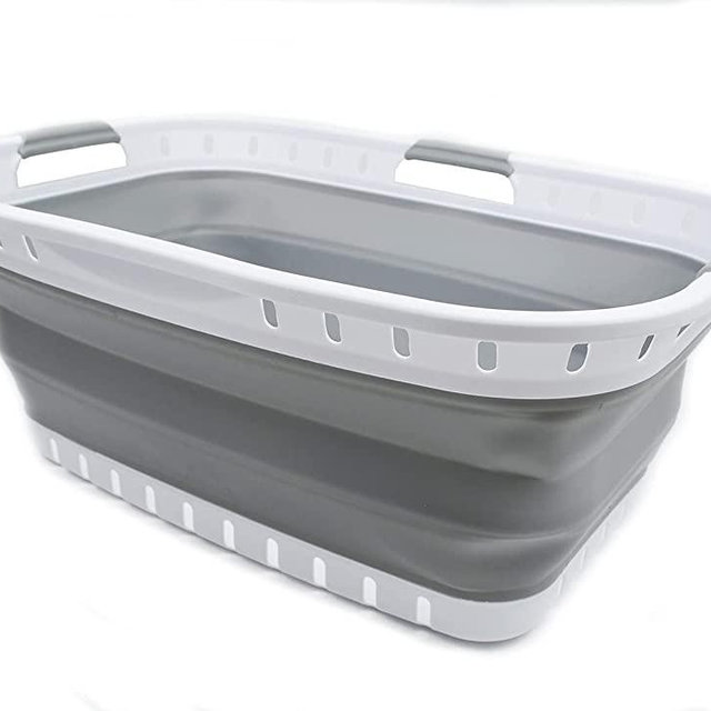 SAMMART 44L Collapsible Plastic Laundry Basket - Foldable Pop Up Storage Container / Organizer - Portable Washing Tub - Space Saving Hamper / Basket (1, White/Grey), Size: 25.4 x 17.3 x 10.2 inches