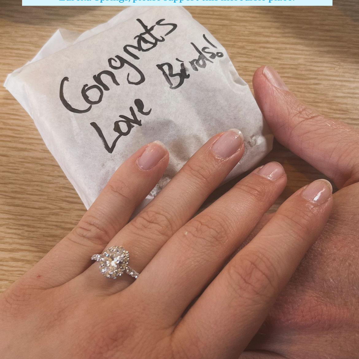 The morning after we got engaged, we went to our favorite breakfast place in Arkansas, called "Harold's Diner." They were so excited about our news and gave us a sweet celebratory treat!