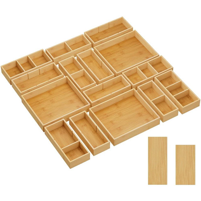 Lifewit Drawer Organizers 15 Pack(33 Grid) with 18 Inserts, Adjustable Bamboo Wooden Drawer Dividers, Stackable Storage Box for Utensils, Silverware, Makeup, Junk in Kitchen/Bathroom/Office/Vanity