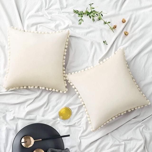 Woaboy Pack of 2 Velvet Throw Pillow Covers Pompom Decorative Pillowcases Solid Soft Cushion Covers with Poms Square for Couch Sofa Bedroom Car 18x18inch 45x45cm Cream White