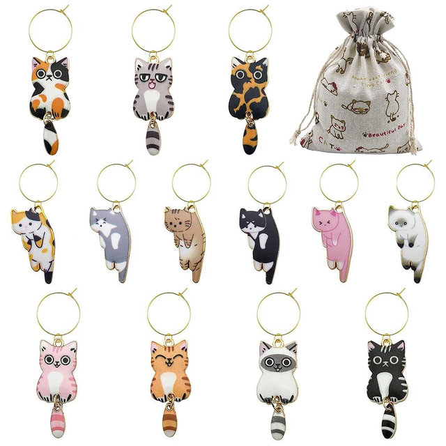Nuburbur Christmas Wine Glass Charms/Markers/Identifiers/Tags for Stem Glasses for Wine Party Decorations Cat Themed Set of 13 (13 Pcs Cat Charms)