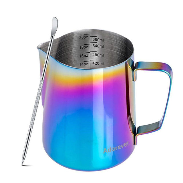 Milk Frothing Pitcher Colorful 600ml (20oz) Steaming Pitchers Stainless Steel Milk Coffee Cappuccino Latte Art Barista Steam Pitchers Milk Jug Cup with Decorating Art Pen